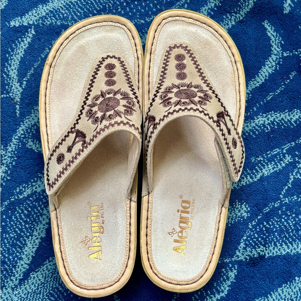 Alegria Cream and Brown Sandals with Ornamental Design